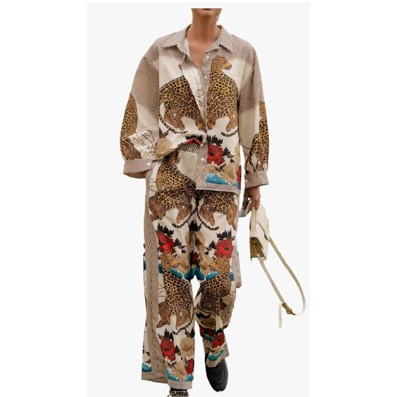 Wild Patter Print Boutique Wide Leg Pant Lounge Set size Small NEW - Picture 5 of 12